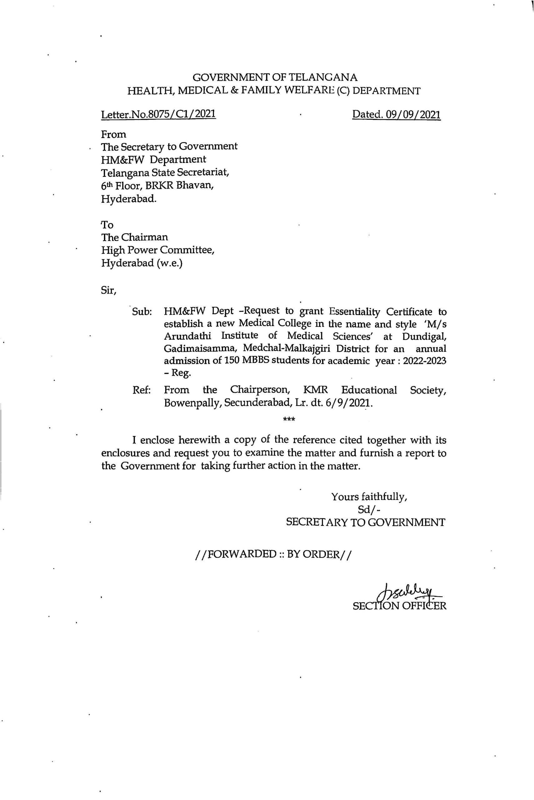 Essentiality Certificate.pdf Govt Approvals - Arundathi Institute of Medical Sciences